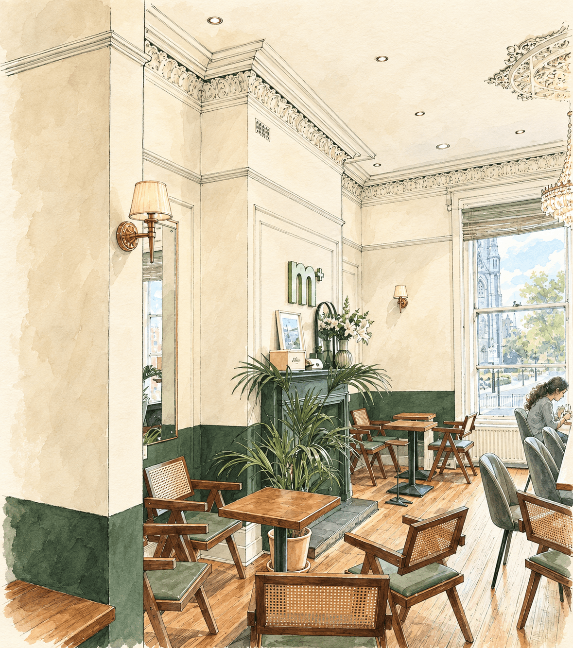 Hand-drawn illustration of the M Plus Matcha interior at 26 Blenheim Terrace, LS2 9HD